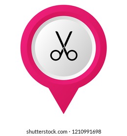 Map pin icon with scissors. barber, hairdresser's, barbershop here icon