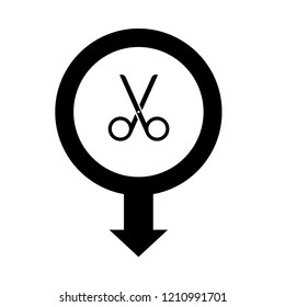Map pin icon with scissors. barber, hairdresser's, barbershop here icon