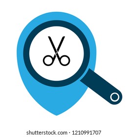 Map pin icon with scissors. barber, hairdresser's, barbershop here icon