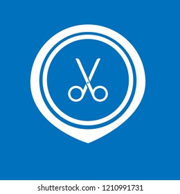 Map pin icon with scissors. barber, hairdresser's, barbershop here icon