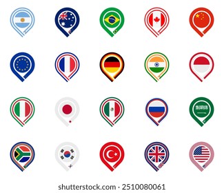 Conjunto de iconos de pin de mapa de 20 países. Ilustración vectorial aislada sobre fondo blanco