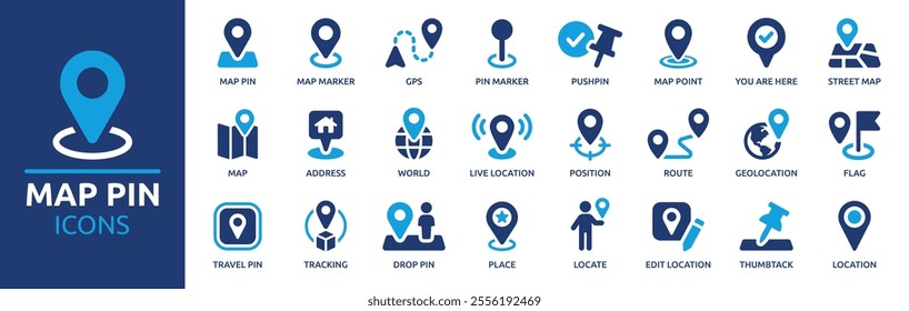 Map pin icon set. Containing location, map marker, address, position, tracking, geolocation, place and more. Solid vector icons collection.