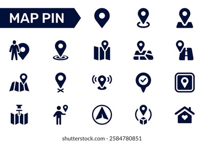 Map pin icon set. Containing location, map marker, address, position, tracking, geolocation, place and more. Solid vector icons collection.