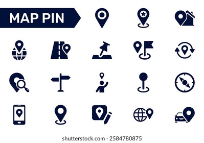 Map pin icon set. Containing location, map marker, address, position, tracking, geolocation, place and more. Solid vector icons collection.