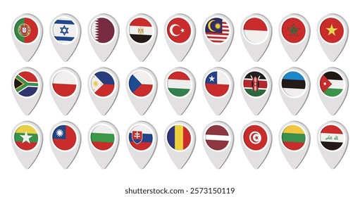 Map pin icon set of each country's flag Vector illustration