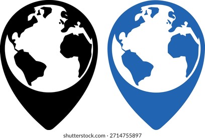 "Erdkarte Pin Icon Set, globale Lage Vektor, minimalen Stil, schwarz und blau"