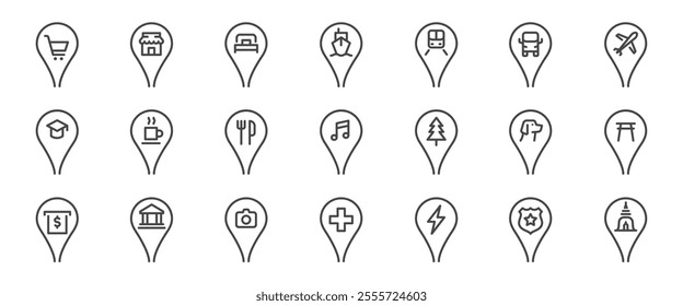 Map pin icon set. It included contexts such as location, place, destination, marker, point, and more. Editable Vector Stroke.