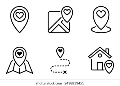 map pin icon set, location pin icon set, map pointer with heart icon vector illustration on white background