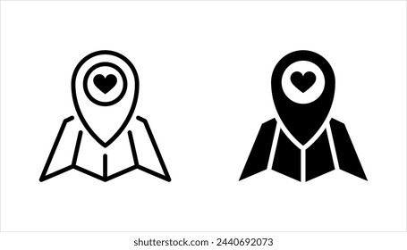 conjunto de iconos de pin de mapa, conjunto de iconos de pin de ubicación, puntero de mapa con ilustración vectorial de icono de corazón sobre fondo blanco