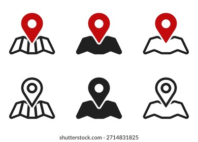Conjunto de ícones de pin do mapa. Símbolo de marcador de local para design da Web, aplicativo e interface do usuário. Ponteiro do navegador de GPS.