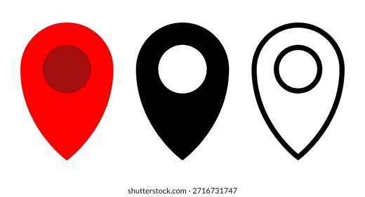 Map pin icon set. A set of location icons in minimalist flat color style, black and white outlines. Ideal for use in maps, apps, and web designs.