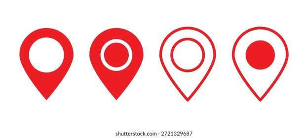Kartenpinsymbolsatz, Positionsmarkierungen, Navigationssymbole. Kartensymbole in roten Farben und verschiedenen Stilen. Vektorortungssymbole einzeln auf weißem Hintergrund.