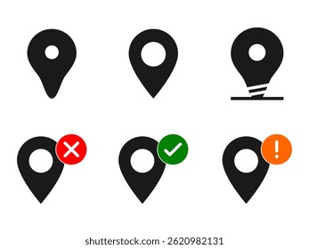 map pin icon set, pins map, location pin icon set, flat vector editable icons, custom icon, icon location pin, set of location pin, set of map pins, found, not found, error