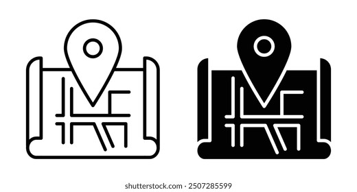 map with pin icon set,  pointer icon. Black icon on white background.