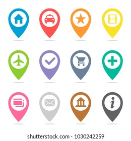 Map pin icon set. Transport images pins of various color, markers on a map for navigation. Vector flat style cartoon illustration isolated on white background