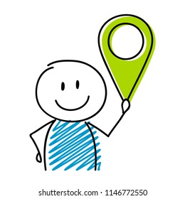Map pin icon with smiley stickman. Vector.
