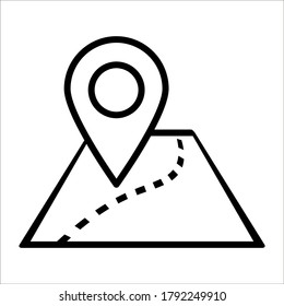 Map and pin icon - Travel direction place on map marked with pointer symbol, flat map destination and pin icon on white background