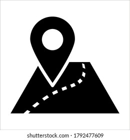 Map and pin icon - Travel direction place on map marked with pointer symbol, flat map destination and pin icon on white background