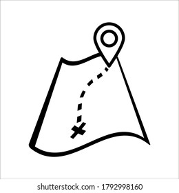 Map and pin icon - Travel direction place on map marked with pointer symbol, flat map destination and pin icon on white background