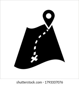 Map and pin icon - Travel direction place on map marked with pointer symbol, flat map destination and pin icon on white background