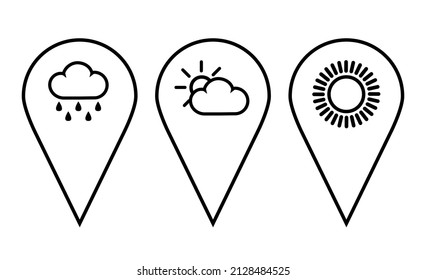 Icono de pin de mapa. Diversos íconos de ubicación que representan el clima, la meteorología. Colección de símbolos de ubicación GPS. Marcadores de mapa modernos. Icono de vector aislado en fondo transparente