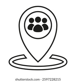 Map pin icon. Vector community symbol. People group inside. Black outline design.
