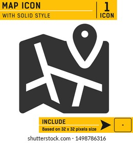 Map with pin icon vector on isolated on background. Location, gps, geo locate, map icon with solid style. Pointer vector icons for business, web design, ui, ux, and mobile app. Flat design. EPS file