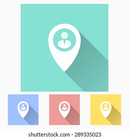 Map pin - icon is white with long shadow, flat design. Vector illustration.