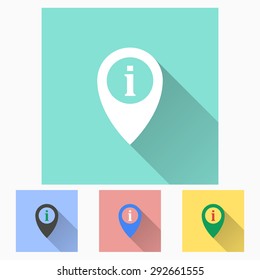 Map pin - icon is white with long shadow, flat design. Vector illustration.