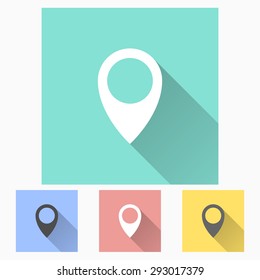 Map pin  - icon is white with long shadow, flat design. Vector illustration.