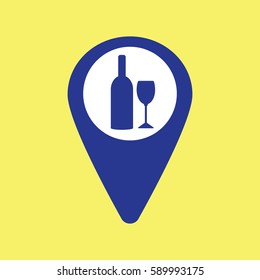 Map pin icon with wine bottle and glass