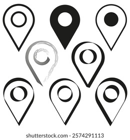 Map pin icons. Black white markers. Geometric location shapes. Vector navigation symbols.