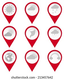Map pin icons of climates: cloudy, sunny, storm, rain, snow, rainbow. White background.