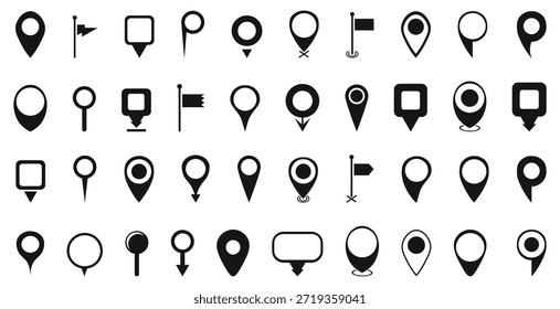 Map pin icons collection with location markers. Navigation symbols for maps travel and positioning interfaces