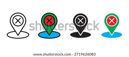 Map pin icons with crossed out marker icon set vector on white background. location, navigation, gps, direction, pointer, symbol. vector illustration.