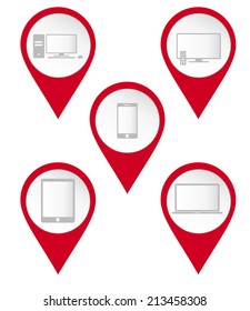 Map pin icons of electronic: smartphone, cellphone, tv, pc, laptop, tablet. White background.