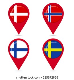 Map pin icons of national flags of Scandinavian countries. Map pin icons of national flags: Norway, Denmark, Finland, Sweden. White background.