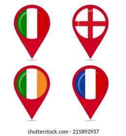 Map pin icons of national flags of european countries. Map pin icons of national flags: Italy, England, France, Ireland. White background.