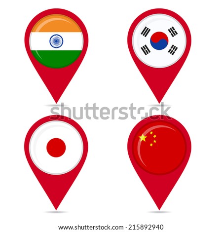 Map pin icons of national flags of asian countries. Map pin icons of national flags: india, south korea, japan, china. White background.