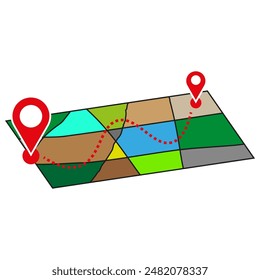 Mapa con iconos de pin. Marcadores de ruta y ubicación. Ilustración vectorial de navegación. Diseño de viaje colorido.