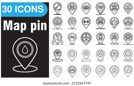 Kartenpinsymbole Set 30 Lage- und Navigationsvektormarkierungen | GPS, POI, Place Pins