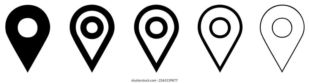 Map pin icons set. Black map pin location icon isolated on white background. Map marker symbol. Vector illustration