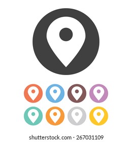 Map pin icons set. Black, red, blue, brown, purple, green, orange, grey and yellow colors. Isolated on white background. Vector illustration.