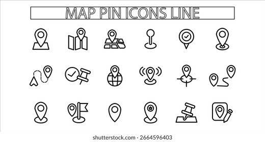 Conjunto de iconos de pin de mapa. Ubicación, mapa, GPS y más. Vector de línea simple