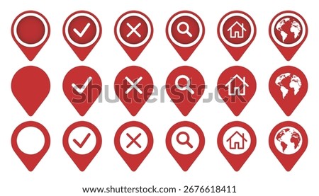 Map pin icons set. Modern location marker and pointer collection. GPS symbol, place icon and speech bubble design on transparent background