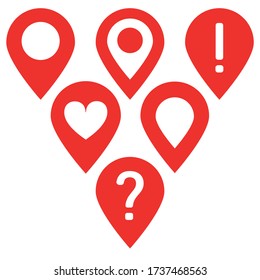 Map pin icons set. Red vector icon. Signs for map. Location marker.