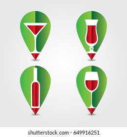 Map pin icons set with wine glass, wine bottle and cocktail glass symbols.