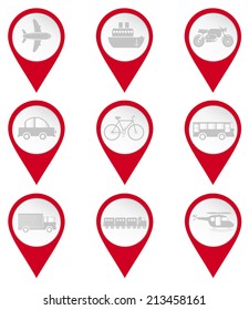 Map pin icons of transports: car, airplane, ship, motorcycle, bike, bus, truck, train, helicopter. White background.