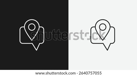 Map Pin inside a Speech Bubble on Black and White Backgrounds, Representing Location, Navigation, or Geo-tagging, White Outline Icon