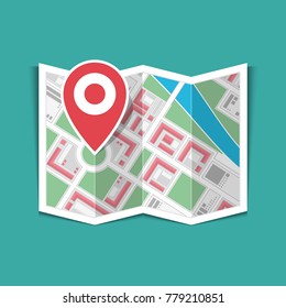 Map with a pin isolated on green background. Abstract City Map With red Marker. GPS navigation or cartographic concept. Vector illustration in flat style. EPS 10.